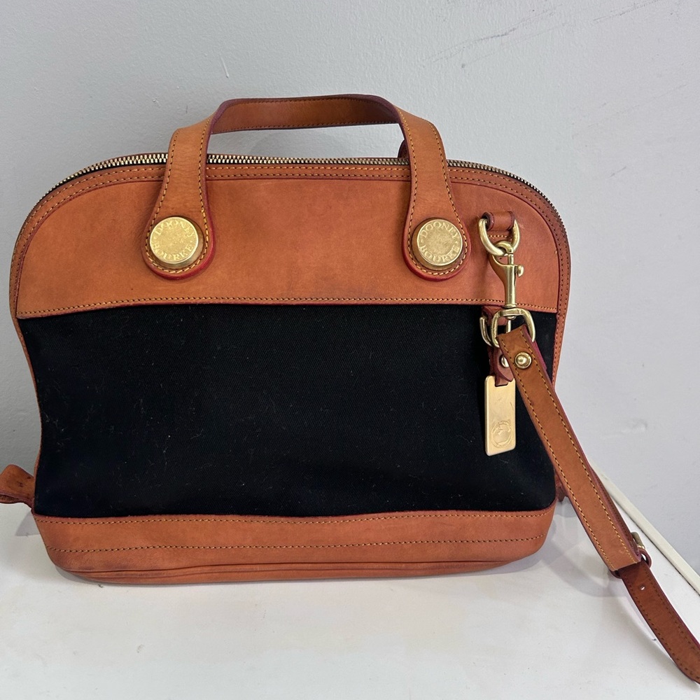 Dooney & Bourke Black and Tan Leather Laptop Bag with Structured Design